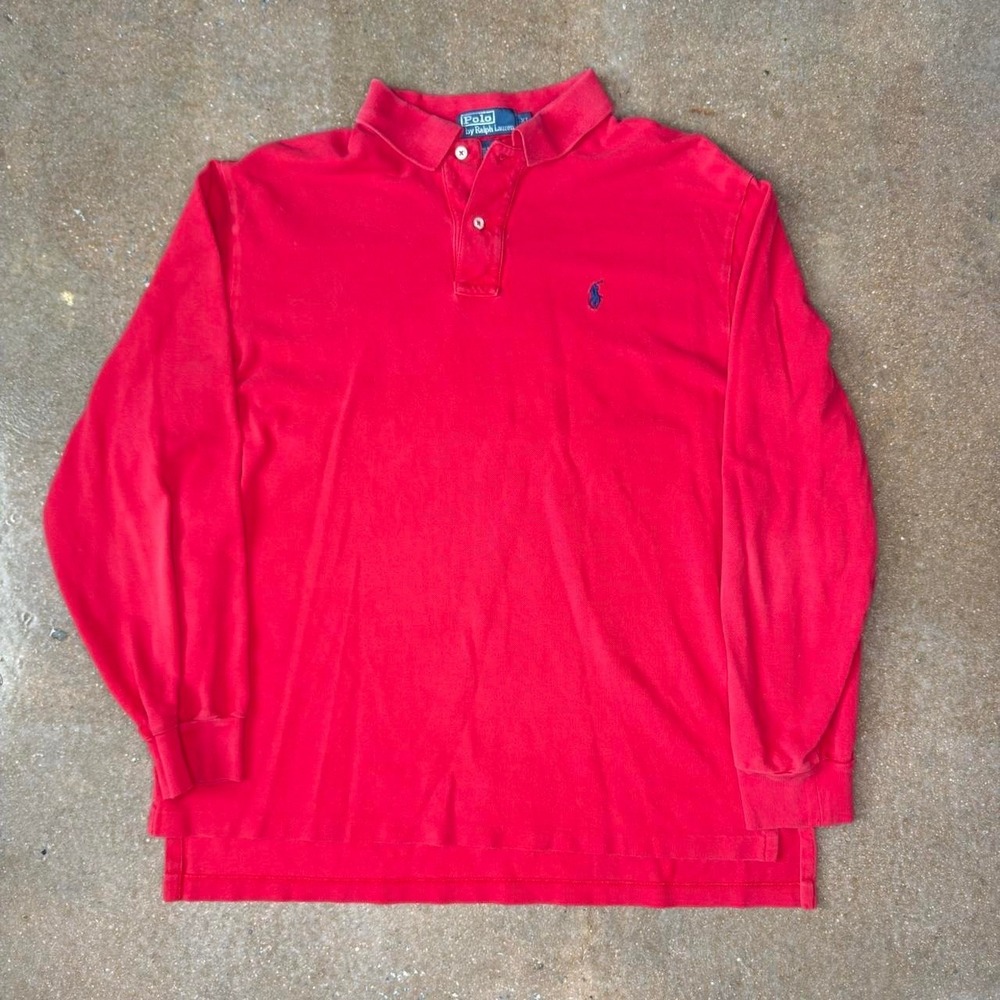 Polo Ralph Lauren Mens XL Red Long Sleeve Polo Shirt Cotton Navy Pony